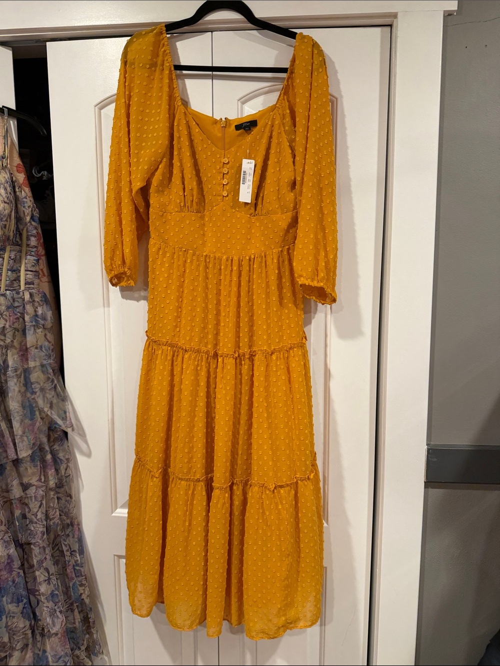 J. Crew Mustard Swiss Dot‎ Tiered Midi Dress 6T